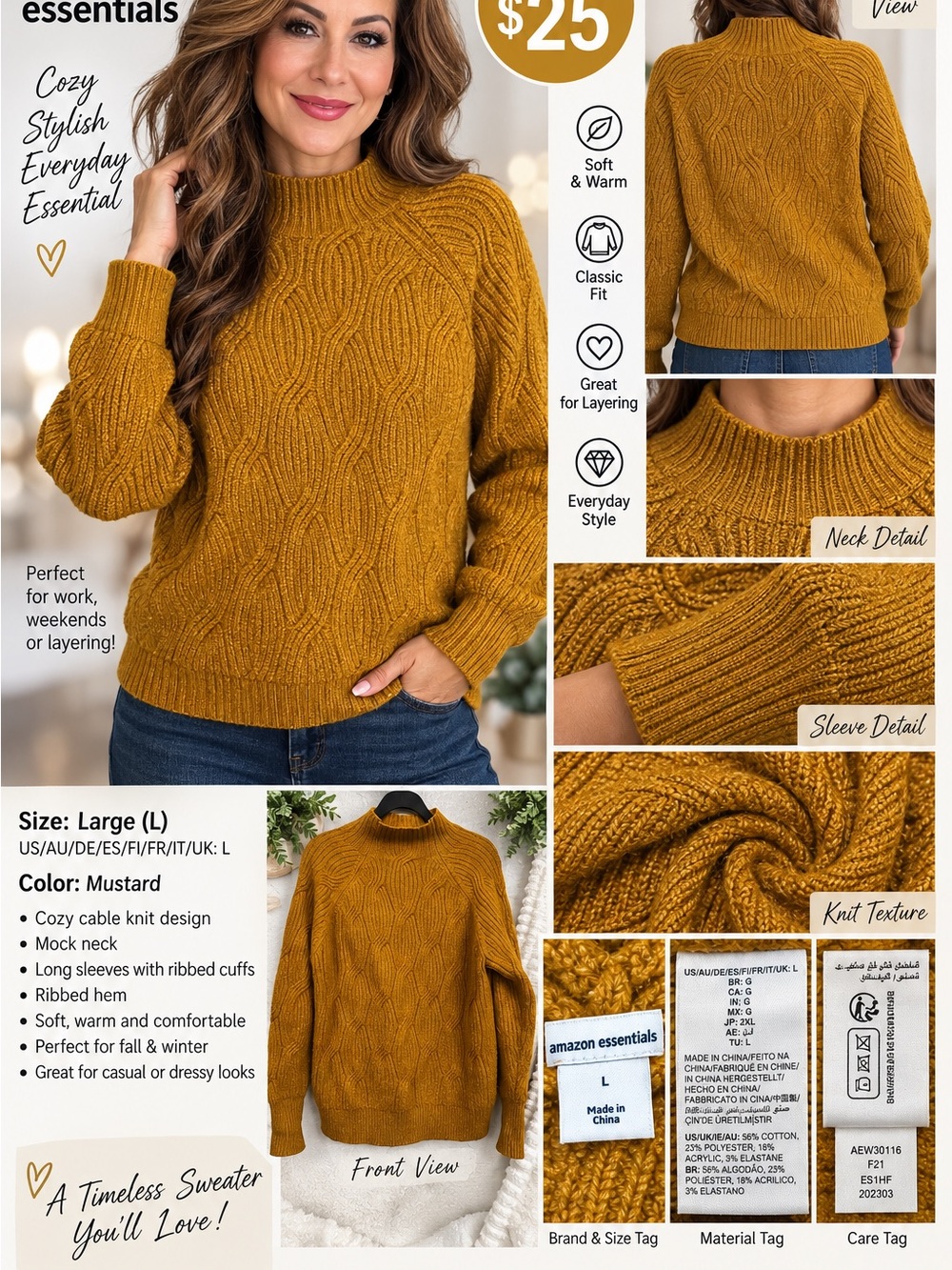 Amazon Essentials Mustard Cable Knit Mock Neck Sweater
